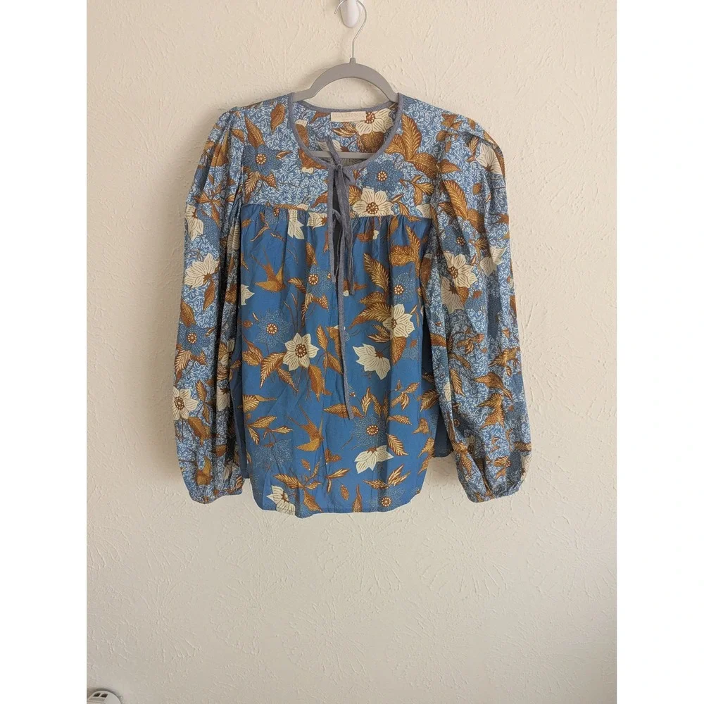 Ulla Johnson Joanie Blouse Size 10 Lapis Blue Floral Puff Sleeve $295